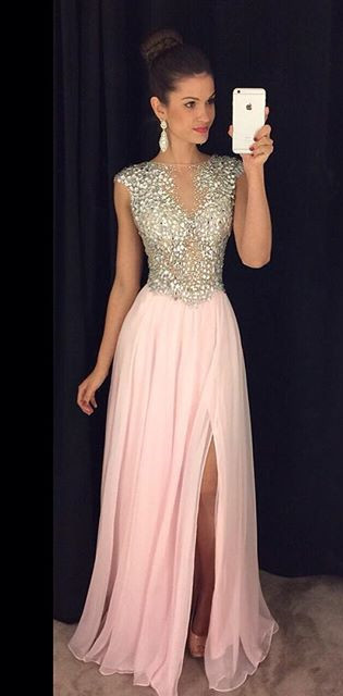 Luxurious A-line Sparkly Pink Prom dress,Sexy Evening Gown, Chiffon Prom Dress with Side Slit
