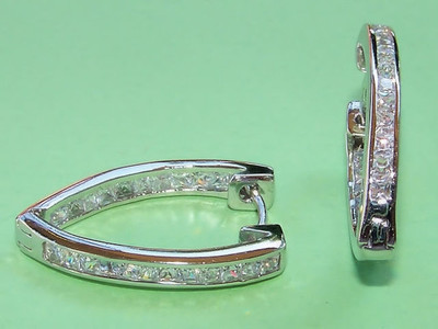 Italian Sterling Silver Hoop Earrings Channel Set CZ