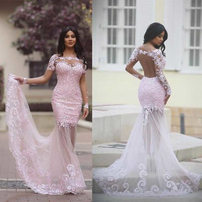 Pink prom dress, long sleeves prom dress, open back prom dress, long prom dress, charming prom dress, sexy mermaid prom dress, PD15412