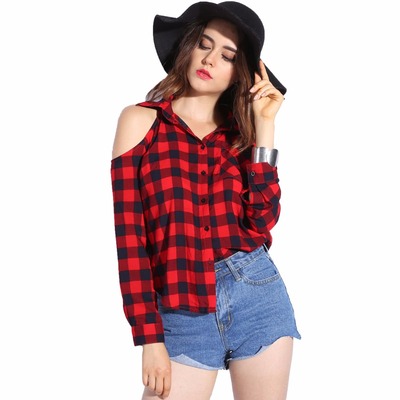 Red Plaid off the Shoulder Blouse