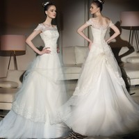 Vintage Ivory Off Shoulder Sleeves Wedding Dress - Thumbnail 1