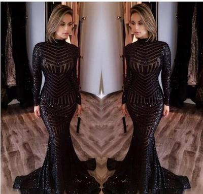 Long Sleeve Prom Dresses Bling Bling Black Sequins High Neck Mermaid Sexy Celebrity Gowns Pageant Evening Dresses