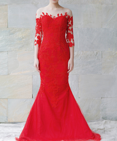 Mermaid Long sleeves Red Lace Wedding Dress
