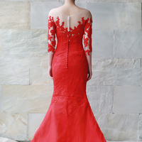 Mermaid Long sleeves Red Lace Wedding Dress - Thumbnail 1
