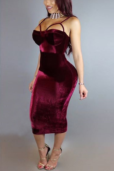 Sexy Wine Red Velvet Mid Calf Dress