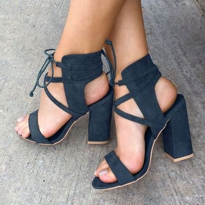 Suede Cross Strap Chunky Heel Sandals