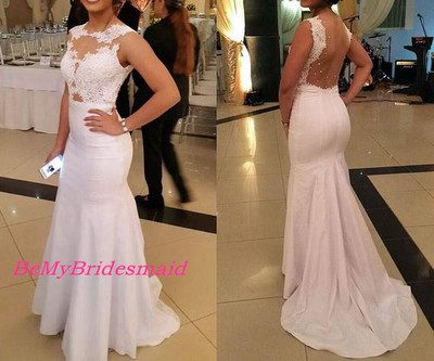Pretty Mermaid White Prom Gown with Lace Applique, White Formal Gowns, Mermaid Party Gowns