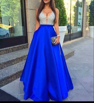 Elegant A-line Deep V-neckline Royal Blue Evening Dress,V-back Blue Prom Dress