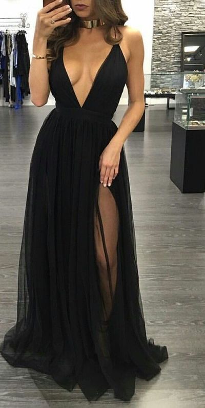 Sexy Slit Prom Dress,Black Party Dresses,Sexy Deep V-neckline Evening Dress,Sexy Split Black Graduation Dresses