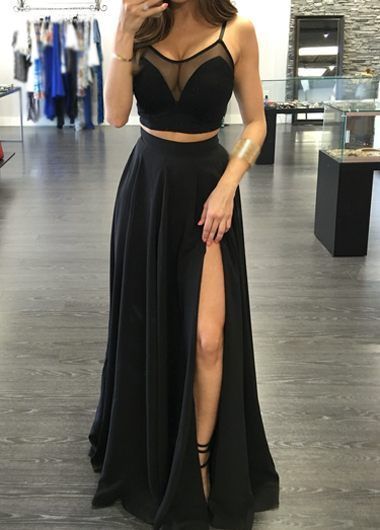 Two Pieces Black Prom Dress,Sexy Split Graduation Dresses,Straps Black Formal Dress