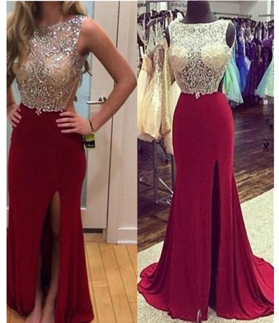 Open Back Burgundy Prom Dresses,Backless Burgundy Graduation Dress,Sexy Backless Slit Party Dresses