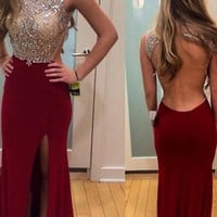 Open Back Burgundy Prom Dresses,Backless Burgundy Graduation Dress,Sexy Backless Slit Party Dresses - Thumbnail 1