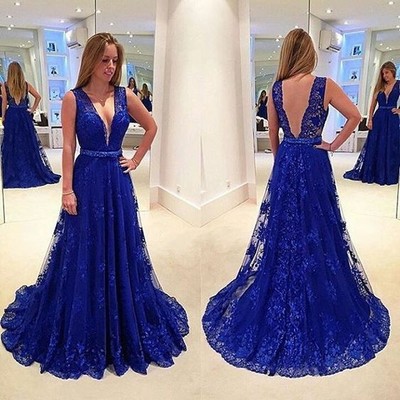 Royal Blue Evening Dress,V-back Lace Party Dress,Royal Blue Lace Prom Dress