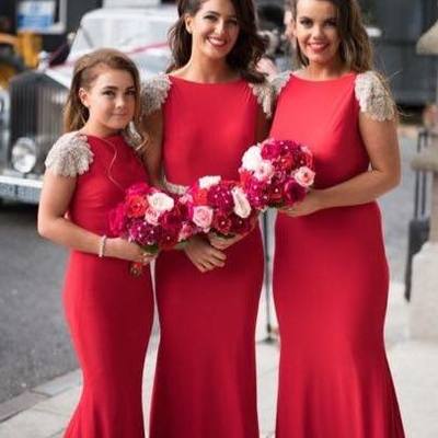 Cap sleeves red bridesmaid dress,low back party dress,beaded red prom dresses - Thumbnail 5