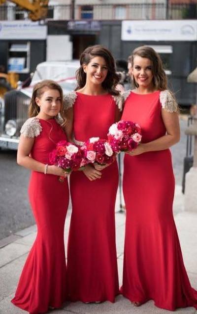 Cap Sleeves Red Bridesmaid Dress,Low Back Party Dress,Beaded Red Prom Dresses