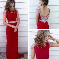 Cap Sleeves Red Bridesmaid Dress,Low Back Party Dress,Beaded Red Prom Dresses - Thumbnail 4