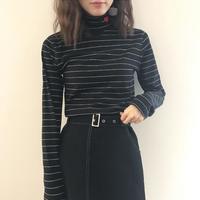 Heart Embroidery Striped High Neck T-shirt - Thumbnail 1