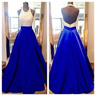Royal Blue Prom Dress,Beaded Halter Neckline Royal Blue Graduation Dress
