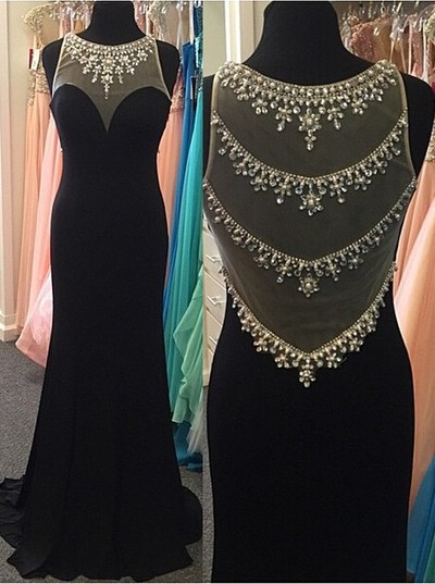 Beaded Black Prom Dress,Illusion Back Beaded Evening Dress,Mermaid Black Party Dress