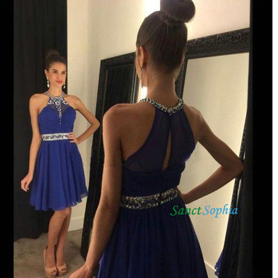 Short Royal Blue Homecoming Dress,Knee Length Halter Neckline Beaded Party Dress