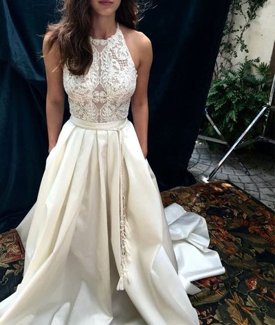 White a line lace floor length prom dress,formal dress