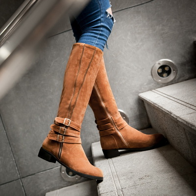 Fashion Suede Belt Buckles Side Zipper High Boots