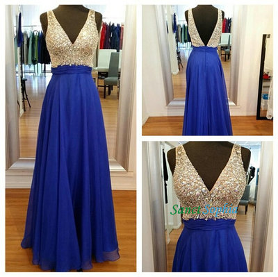 V-back Blue Prom Dress,Full Length V-neckline Blue Graduation Dresses,Beaded Party Dress