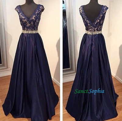 V-neckline Navy Blue Lace Prom Dress,Modest Lace Graduation Dresses ,V-back Lace Navy Blue Party Dress