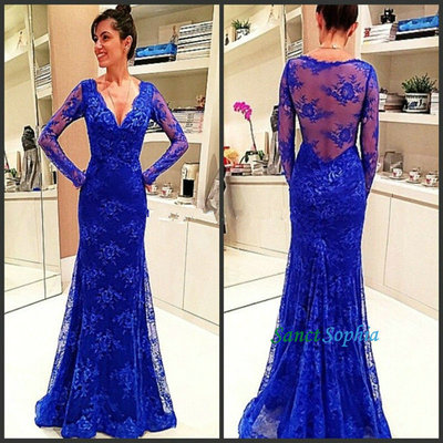 Long Sleeves Blue Lace Prom Dress,V-neckline Illusion Lace Graduation Dresses