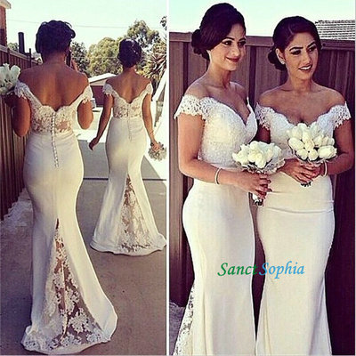 Mermaid Off Shoulder Sleeves Prom Dress,Sexy Off Shoulder Graduation Dresses , Mermaid Ivory Lace Bridesmaid Dress