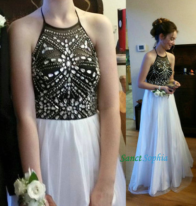 Open Back White and Black Prom Dress,Beaded Halter Neck Graduation Dress