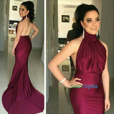 Sexy Open Back Halter Neckline Burgundy Prom Dress,Mermaid Backless Burgundy Graduation Dress,Mermaid High Top Neckline Burgundy Evening dress