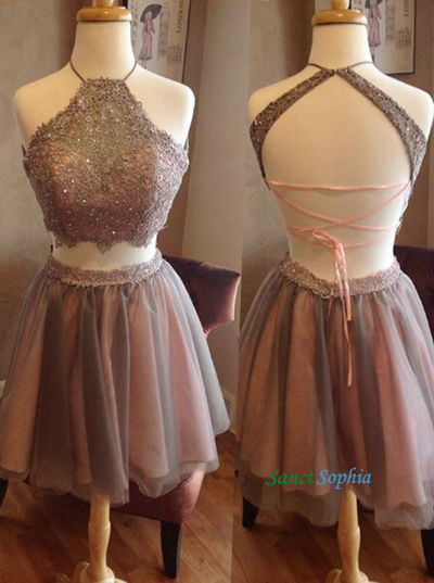 Mini Two Pieces Open Back Lace Homecoming Dress,Sexy Short Two Pieces Party Dress