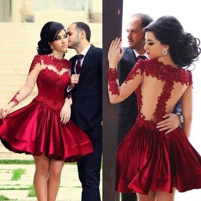 Burgundy lace long sleeve short prom dress,homecoming dress - Thumbnail 4