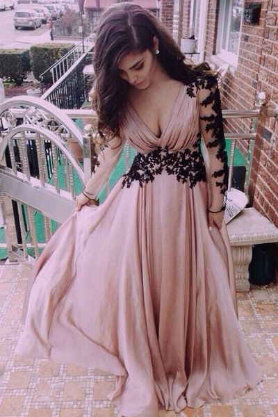 Fashion chiffon lace long pom dress with sleeve,evening dress