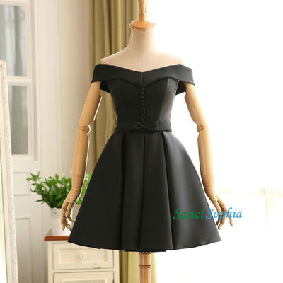 Knee Length Off Shoulder Sleeves Black Homecoming Dress,Short Black Graduation Dress