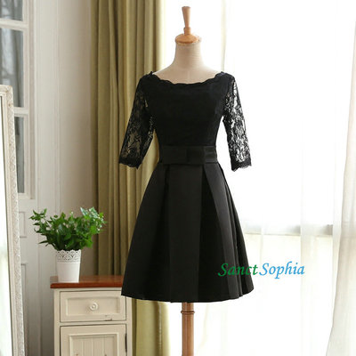 Knee Length Half Sleeves Black Homecoming Dress,Short Black Lace Graduation Dress