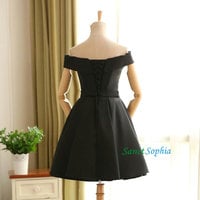 Knee Length Off Shoulder Sleeves Black Homecoming Dress,Short Black Graduation Dress  - Thumbnail 4