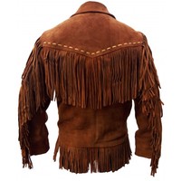 Men's Suede Fringed Jacket Brown Suede Western Fringe Bones - Thumbnail 1