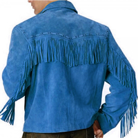 Men's Simple Style Western Leather Jacket Blue Fringes Design - Thumbnail 1