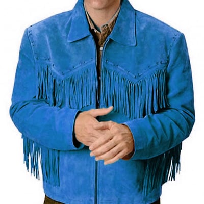 Men's simple style western leather jacket blue fringes design - Thumbnail 3