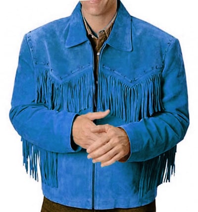 Men's Simple Style Western Leather Jacket Blue Fringes Design