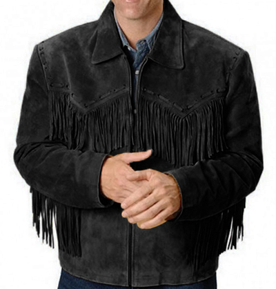 Simple Style Western Leather Jacket Black Fringes Design Men's