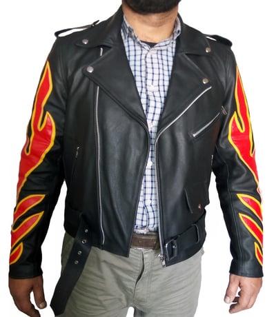 Men Black Leather Red Flame Biker jacket Men