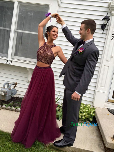 Long Two pieces Burgundy Tulle Prom Dress,Beading 2 pieces Graduation Dress