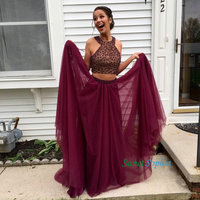 Long Two pieces Burgundy Tulle Prom Dress,Beading 2 pieces Graduation Dress - Thumbnail 1