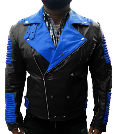Men Black Biker Speed Ribbed Blue Collar Fashion Leather Jacket Men