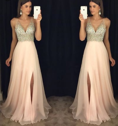 Pink chiffon beading long pom dress for grad,evening dress