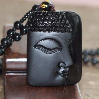 Natural Obsidian Black Buddha Head Pendant with Free Bead Necklace