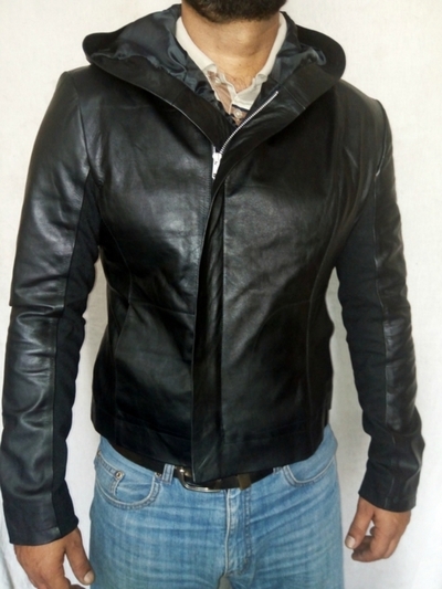 MEN CLASSICAL BLACK LEATHER HOODIE JACKET COAT FOR MEN